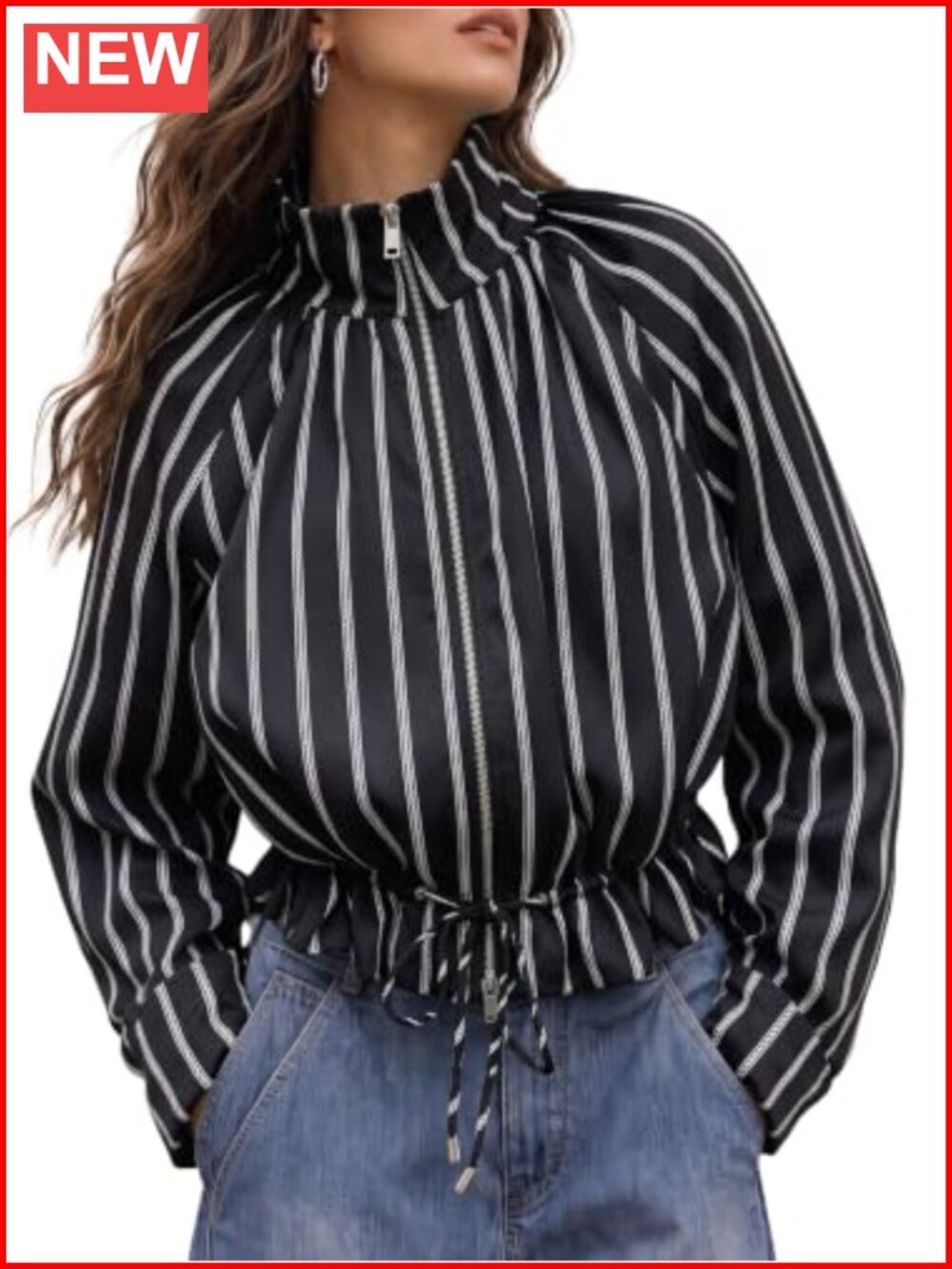 Striped Cropped Zip Up Jacket Stand Collar Long Sleeve Lightweight Fall